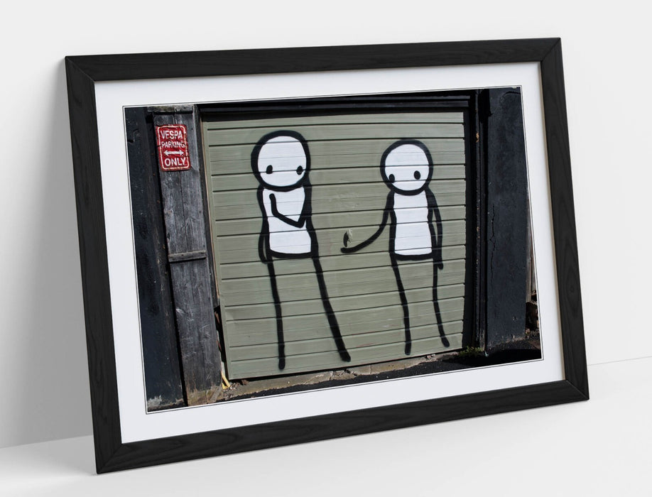 Framed Graffiti Art - Stick Men Poster with Woodgrain Frame | UK Handmade Art