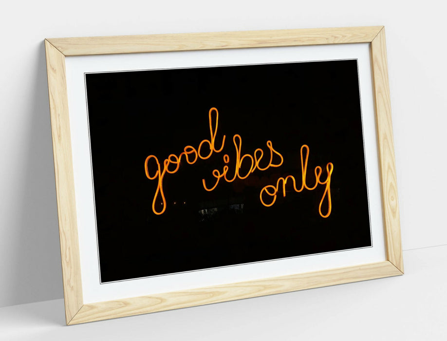 Framed Poster Print - Orange Neon Sign Artwork | Faux Wood Frame Wall Art Prints
