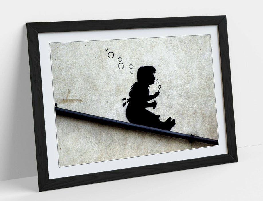 BANKSY GIRL SLIDE -ART FRAMED POSTER PICTURE PRINT ARTWORK- BLACK & WHITE
