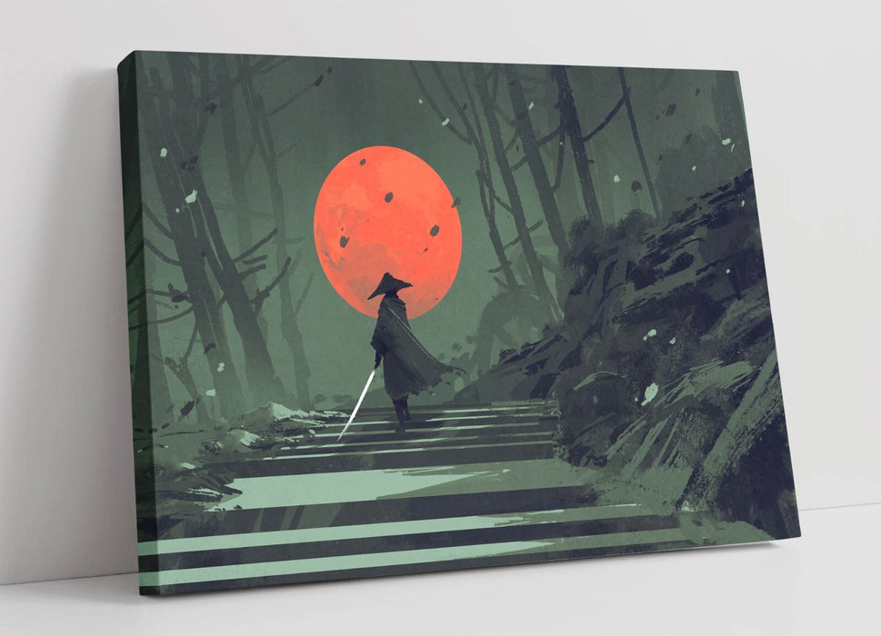 Samurai Canvas Art - Handmade Forest Wall Decor With Red Moon Artwork Print