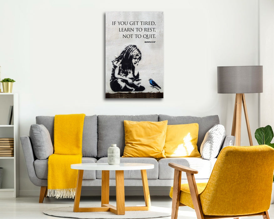 BANKSY GIRL BLUE BIRD QUOTE LEARN TO REST CANVAS WALL ART PRINT GRAFFITI PORT