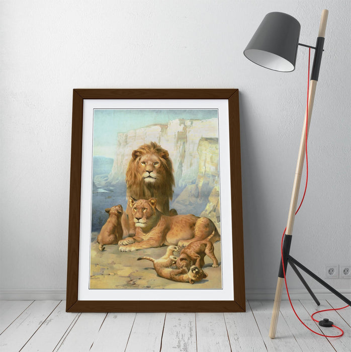 Lion Wall Art - Framed Wildlife Wall Decor With Cubs Print | Ready To Hang