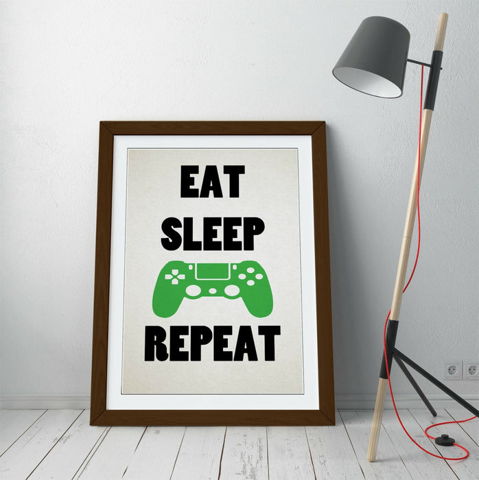 "EAT SLEEP GAME REPEAT" FUNNY GAMER QUOTE KIDS -FRAMED WALL ART PICTURE PRINT