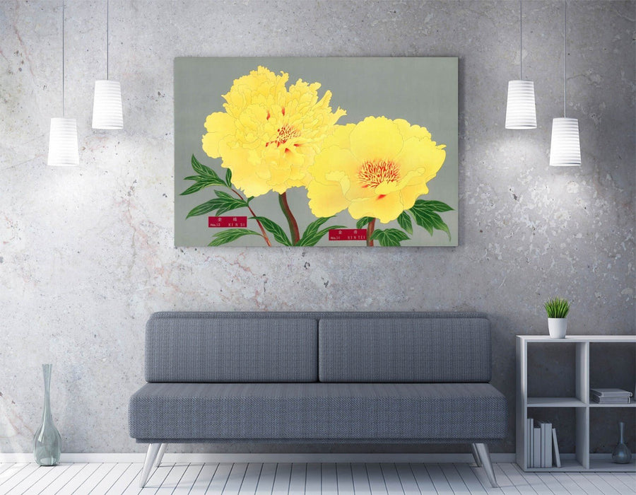 Vintage Canvas Wall Art – Peony Blossom Print Yellow Flower Artwork Ready to Hang