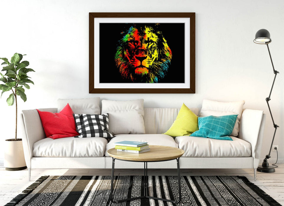 MULTI COLOUR LION SKETCH BLACK BACKGROUND 2 -FRAMED ART POSTER PICTURE PRINT