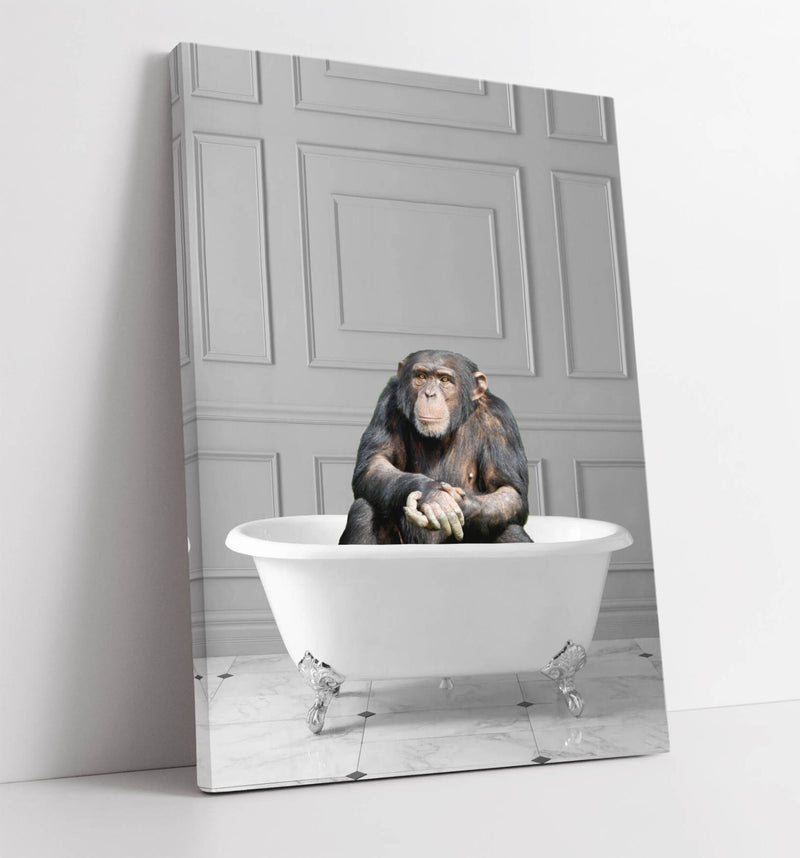 Quirky Canvas Wall Art - Chimpanzee Animal Print | Framed Bathroom Decor