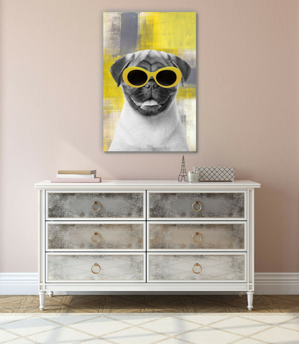 Canvas Wall Art – Yellow Mustard Abstract Print With Pug Sunglasses Artwork