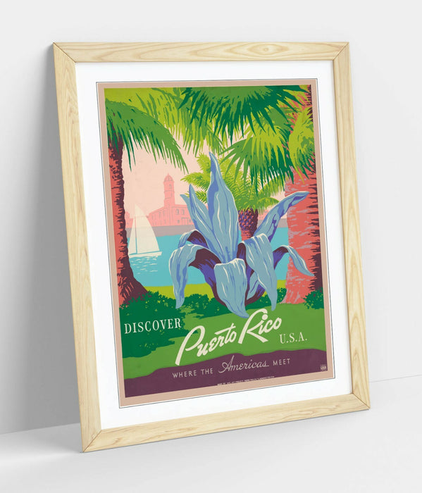 RETRO PUERTO RICO TRAVEL POSTER -FRAMED WALL ART PICTURE PRINT- BLUE PINK
