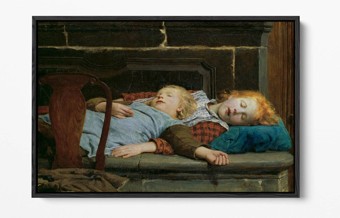 Float Effect Canvas Art - Albert Anker Two Girls On Stove Bench Premium Print