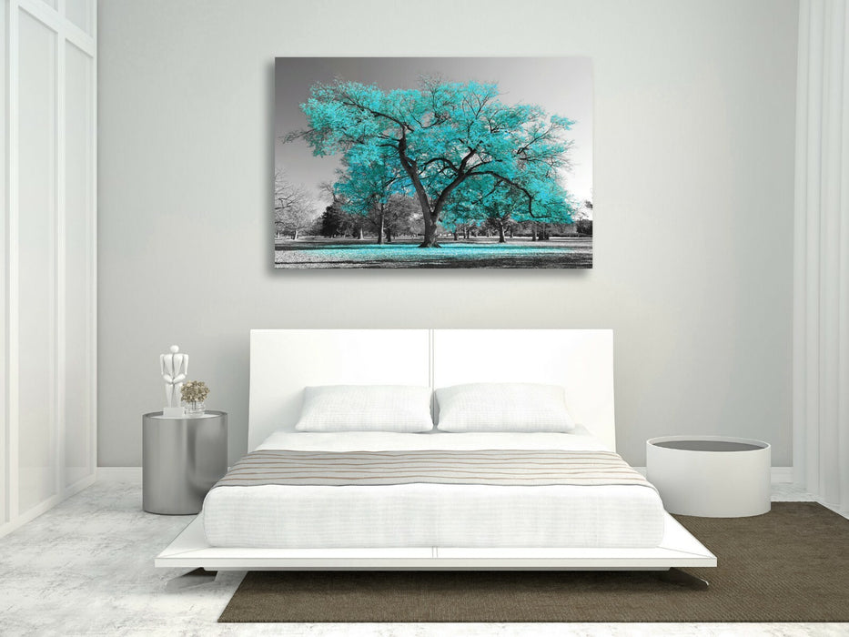 Canvas Wall Art – Large Teal Tree Painting with Turquoise Leaves on Black White Canvas