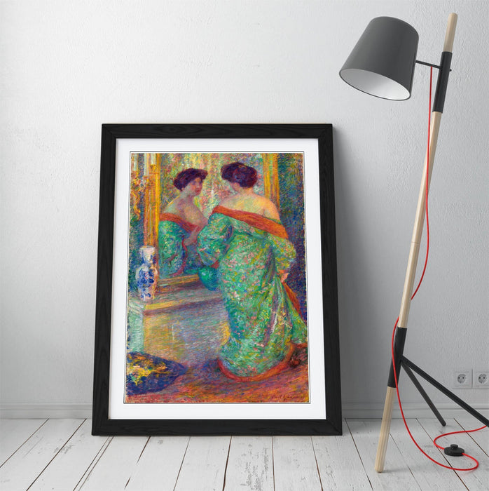 Framed Wall Art Poster – 'Lady Reflected in Mirror by Carl Newman' Print with Wood Grain Frame | UK Handmade