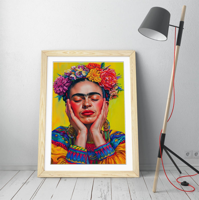 Frida Kahlo Wall Art – Colourful Portrait Print With Natural Wood Frame