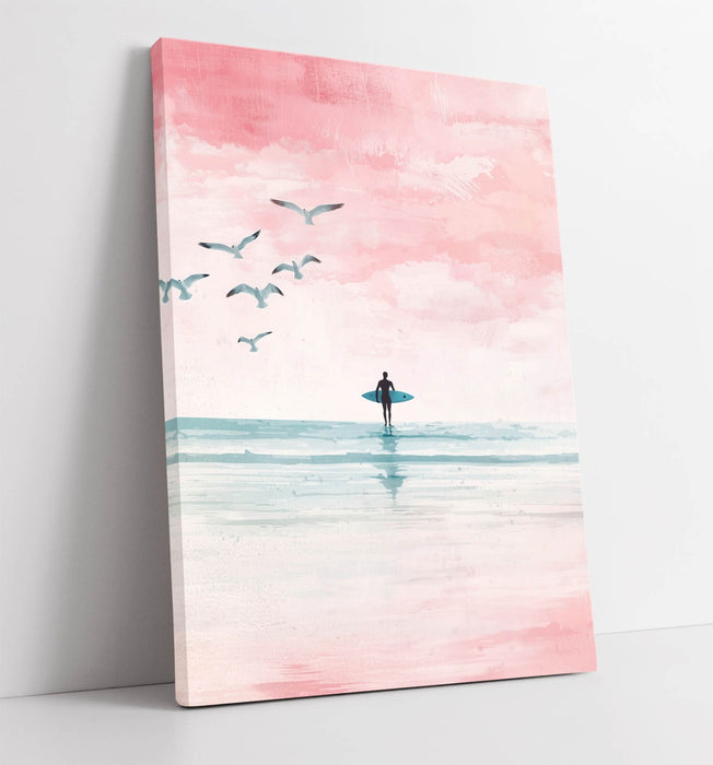 Canvas Wall Art – Minimalist Surfer On Pink Beach | Handmade UK Print