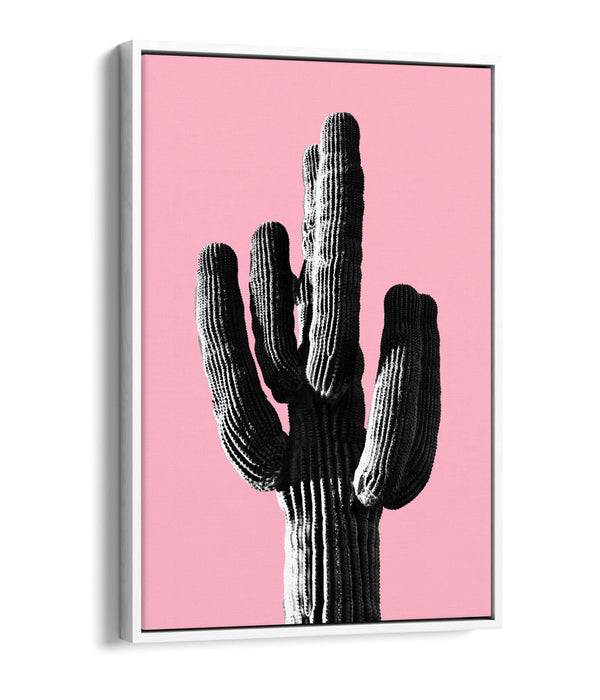 TRENDY B&W CACTUS POP ART PINK-FLOAT EFFECT CANVAS WALL ART PRINT