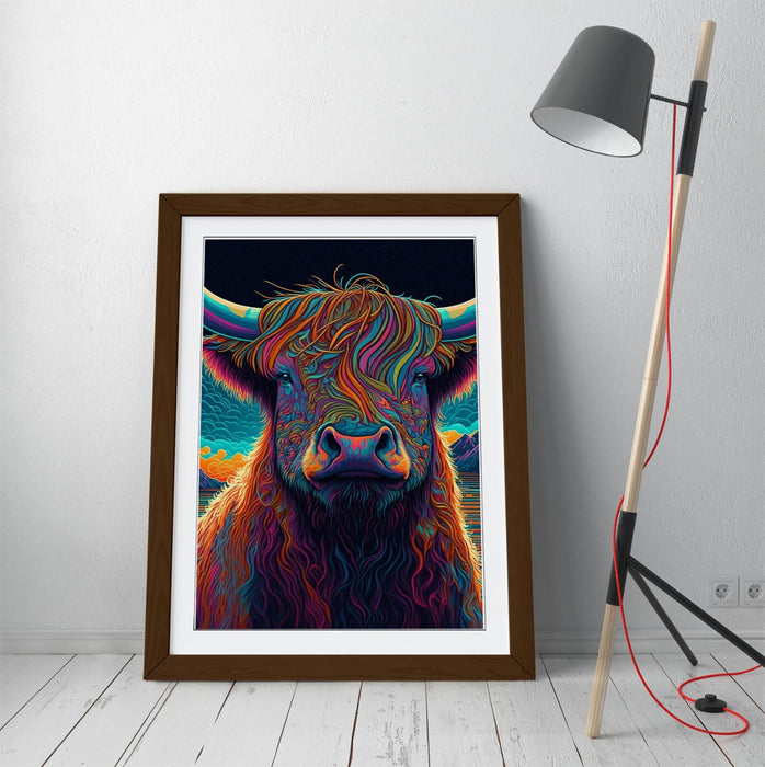 Highland Cow Wall Art – Framed Vibrant Animal Poster With Natural Wood Frame