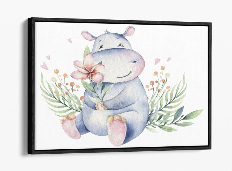Watercolour Hippo Canvas - Cute Animal Print Floral Wall Art with Float Effect