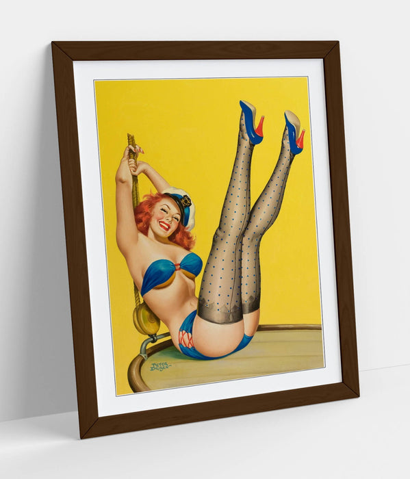 Vintage Pin Up Poster – Framed Wall Art | Retro Sailor Print With Wood Grain Frame