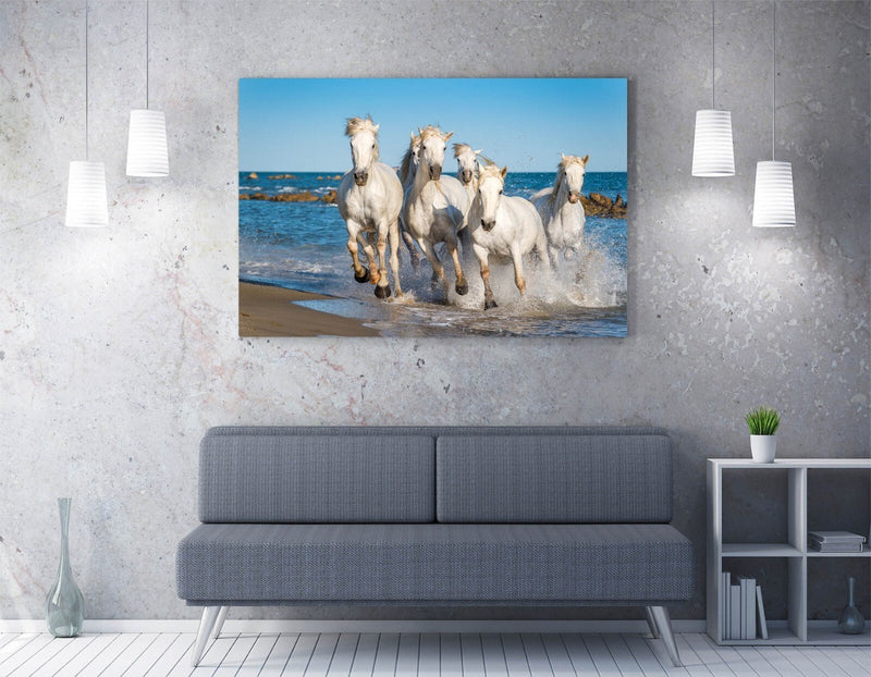White Horses Canvas Art – Running Horses Picture on Seashore Beach Wall Decor