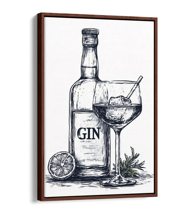 Canvas Wall Art – Gin Bottle Art With Glass Illustration | Float Effect Canvas Print