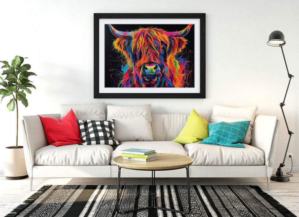 Highland Cow Wall Art – Framed Multi Colour Poster with Woodgrain Faux Frame