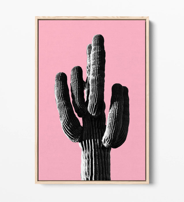 TRENDY B&W CACTUS POP ART PINK-FLOAT EFFECT CANVAS WALL ART PRINT