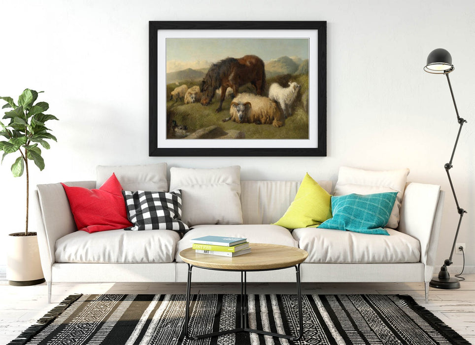 Framed Wall Art – Goats Sheep Pony Vintage Animal Print With Woodgrain Faux Frame