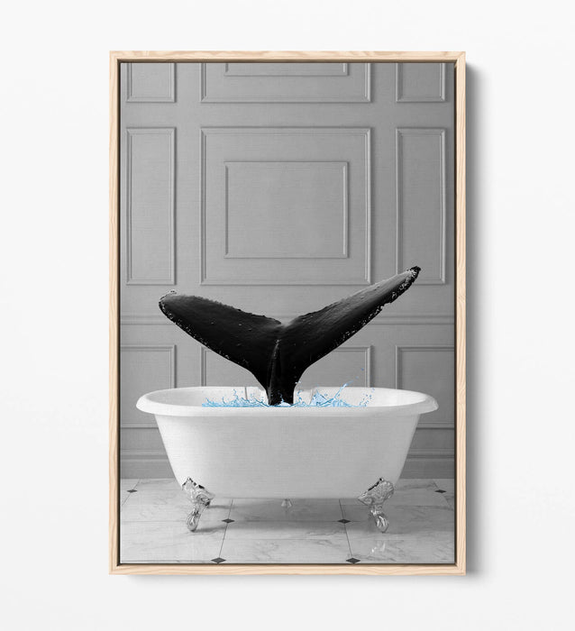 WHALE IN BATHTUB -QUIRKY BATHROOM FLOAT EFFECT CANVAS WALL ART PIC PRINT