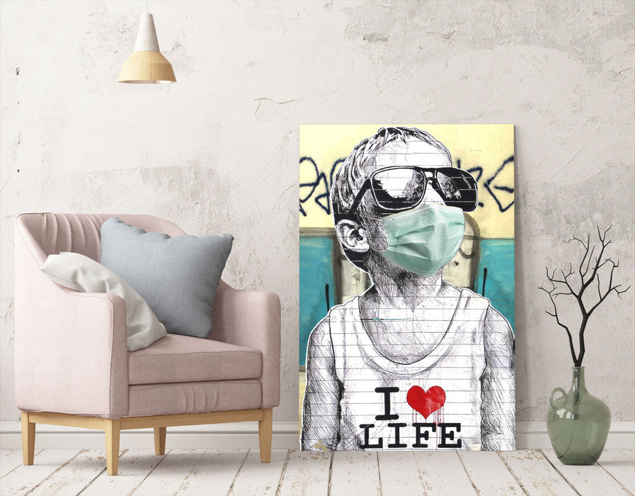BANKSY CANVAS I HEART LIFE LOVE WALL ART PRINT ARTWORK GRAFFITI  MASK