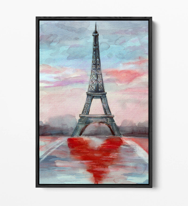 Eiffel Tower Canvas Art – Paris Watercolour Print With Heart Design | Float Effect Frame