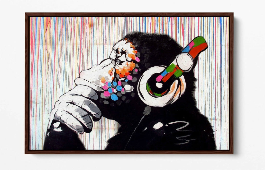 BANKSY DJ MONKEY RAIN -FLOAT EFFECT CANVAS WALL ART PIC PRINT- WHITE BLACK