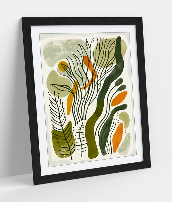 Boho Framed Wall Art – Minimalist Plant Leaf Poster with Natural Wood Frame