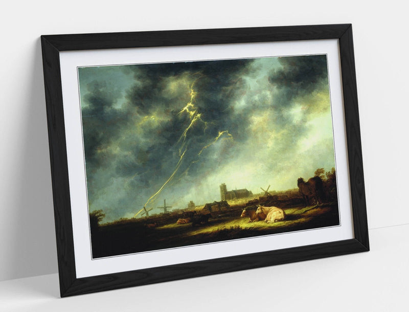 Framed Wall Art Poster – Aelbert Cuyp Thunderstorm Art Print with Natural Wood Frame