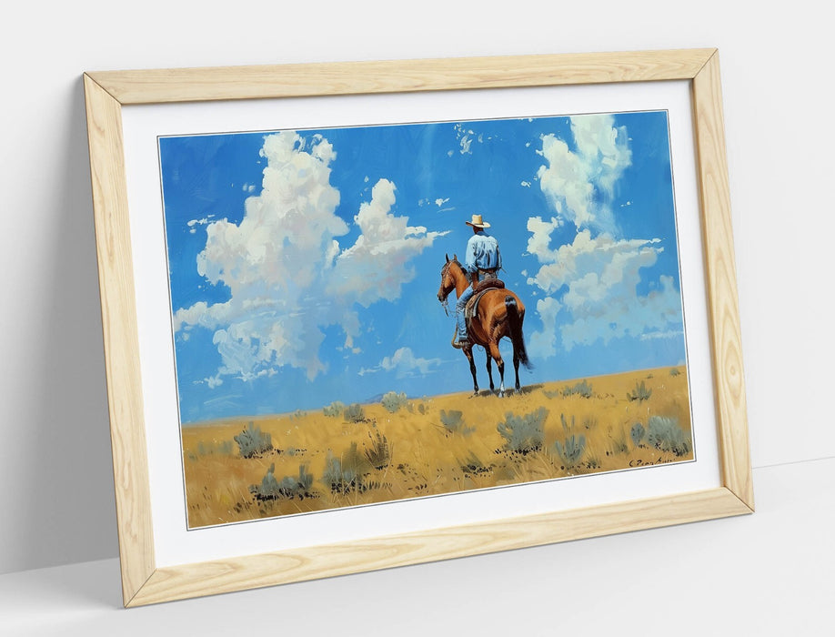 Framed Wall Art Poster – Cowboy Wall Art With Blue Sky & Natural Wood Frame