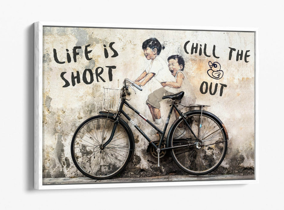 LIFE IS SHORT KIDS ON BIKE -FLOAT EFFECT CANVAS WALL ART PIC PRINT- BEIGE BLACK