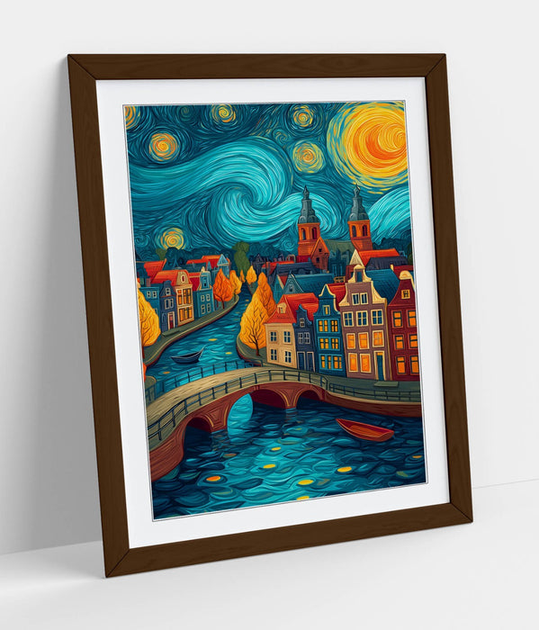 Van Gogh Wall Art – Framed Amsterdam City View Poster Print With Wood Grain Frame