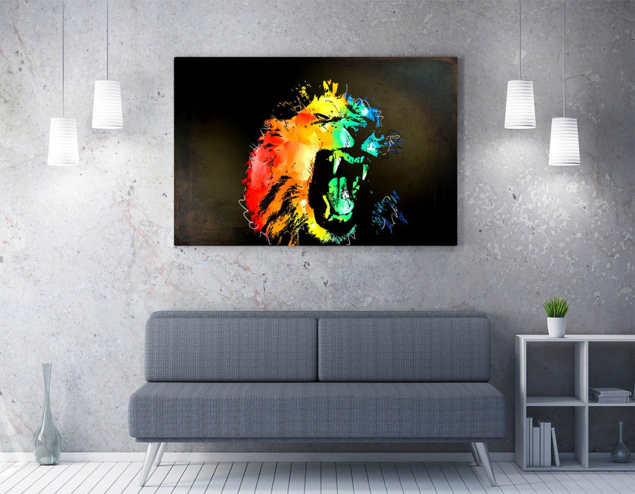 MULTI COLOUR LION SKETCH BLACK BACKGROUND -CANVAS FRAMED WALL ART PIC PRINT