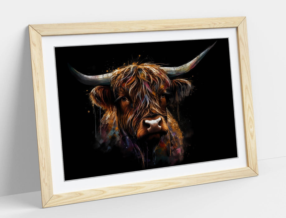 Highland Cow Wall Art - Framed Splash Art Print With Black Background Decor