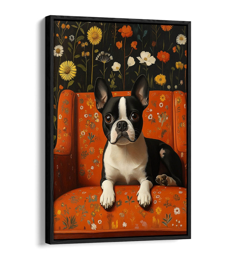 Floral Canvas Wall Art - Cute French Bulldog Print | Float Effect Canvas, Vibrant Color Artwork