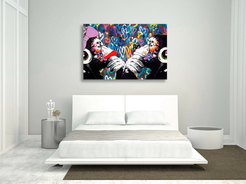 MONKEY DJ BANKSY STYLE LOVE WALL CANVAS STREET WALL ART PRINT - DOUBLE GORILLA