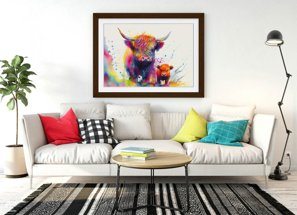Framed Wall Art - Colorful Highland Cow Print Mother Child Poster, Handmade