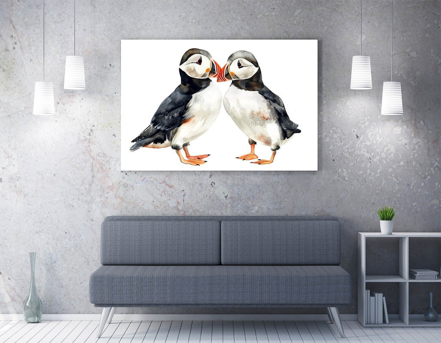Puffins Canvas Art – Cute Kissing Puffins Picture on Handmade Canvas Wall Decor