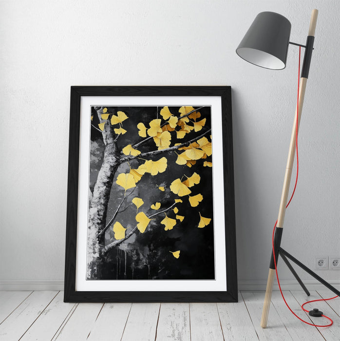 Framed Wall Art - Black and White Tree with Yellow Leaf Poster | UK Made Frames