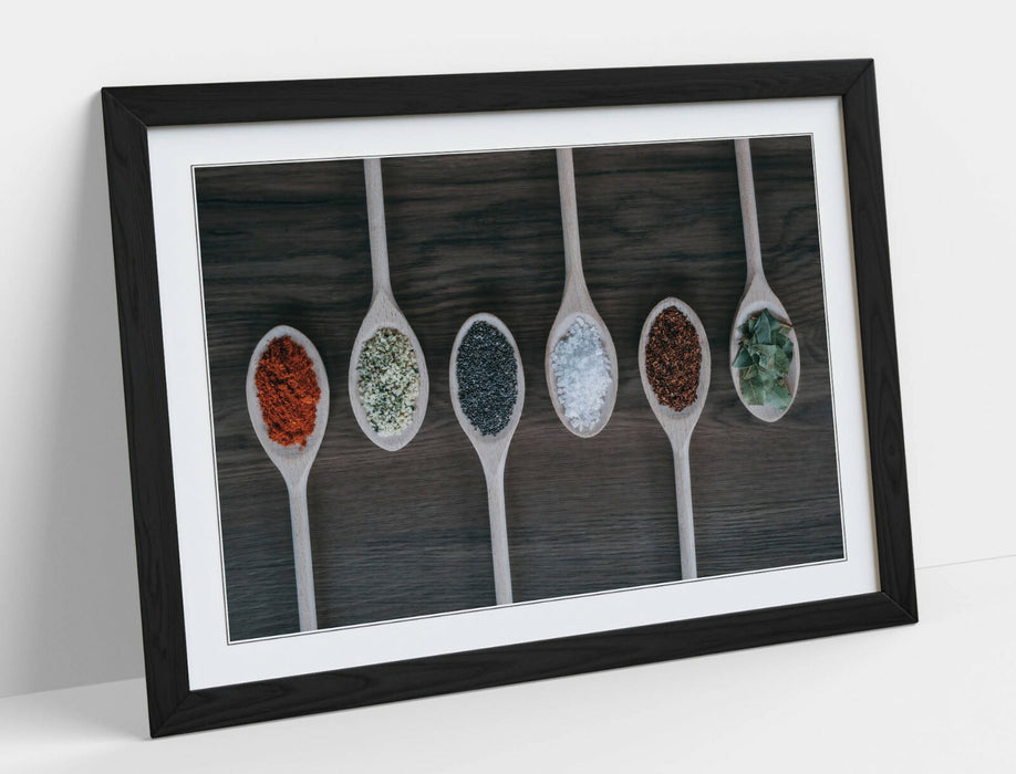 Framed Kitchen Poster – Herbs Spices Print With Woodgrain Effect Frame