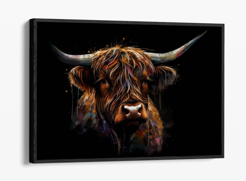 Highland Cow Canvas - Float Effect Canvas Wall Art With Black Background Print