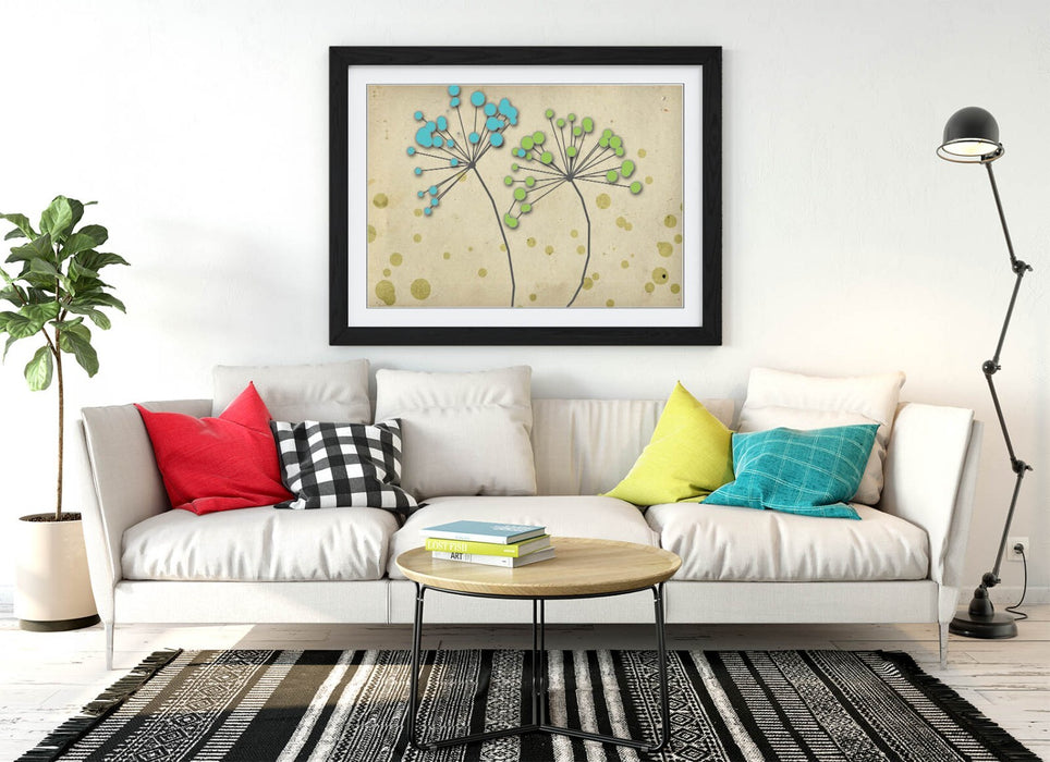 Framed Flower Art – Blue Green Dandelion Wall Poster | Bedroom Wall Decor