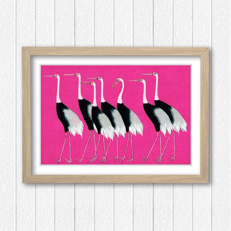 Framed Wall Art – Japanese Pink Crane Poster With Woodgrain Frame, Ready To Hang