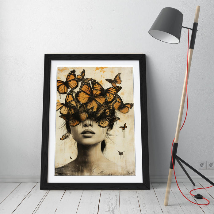 Framed Wall Art Poster – Woman Butterfly Portrait Print with Natural Wood Frame