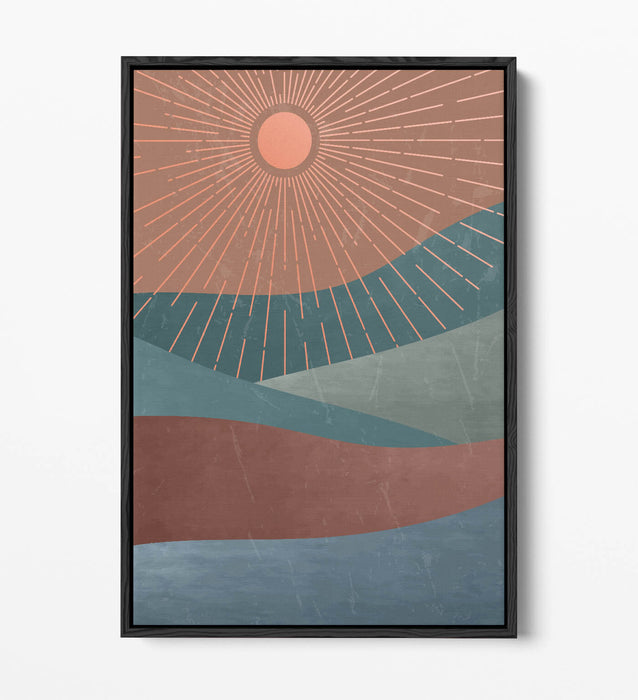 Canvas Wall Art – Abstract Sun Rays & Mountains Float Effect Print with Premium Varnish