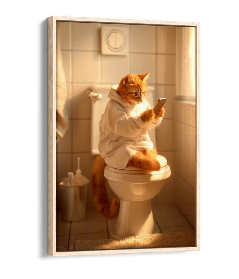 Funny Bathroom Canvas - Cat Wearing Robe Toilet Humor Artwork | Premium Float Effect Print