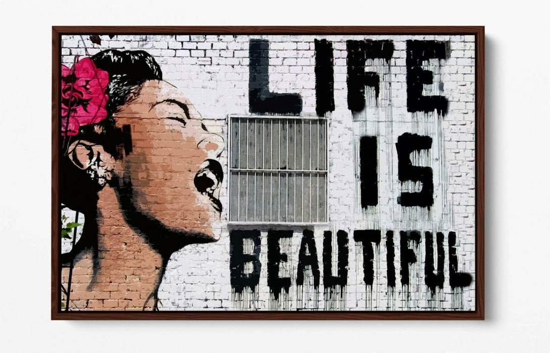 BANKSY LIFE IS BEAUTIFUL -FLOAT EFFECT CANVAS WALL ART PIC PRINT- PINK BLACK